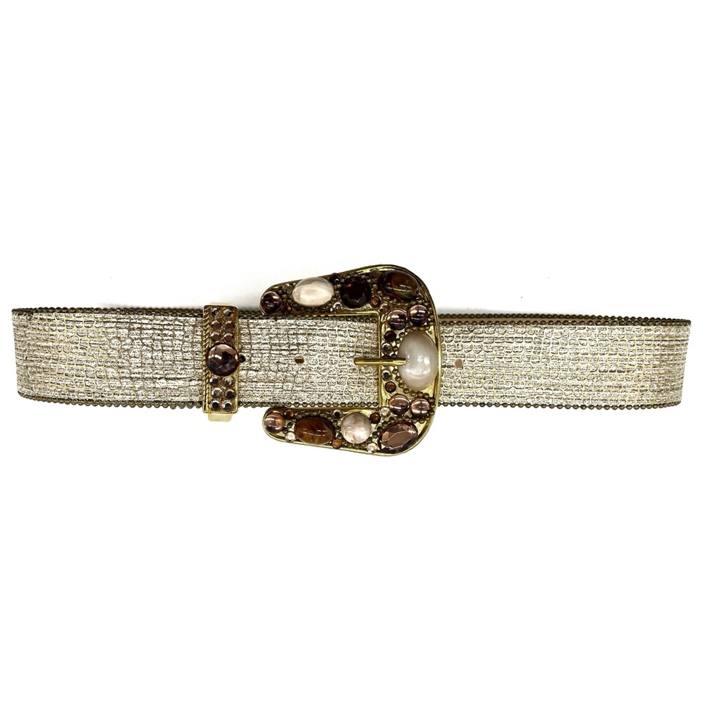 Vintage Elite Belt 26” S Stone Buckle Beaded Edge Brown Gold 1.5” Wide